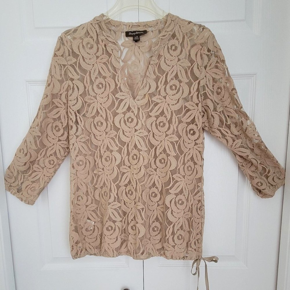 TOMMY BAHAMA Tan Lace Top/Beach Cover with Drawstring Bottom & 3/4 Sleeves, Sz L